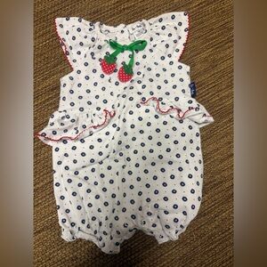 Le Top White Romper with Blue Dots and Strawberry Accents